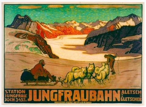 reproduction affiche ancienne suisse jungfraubahn chiens traineau