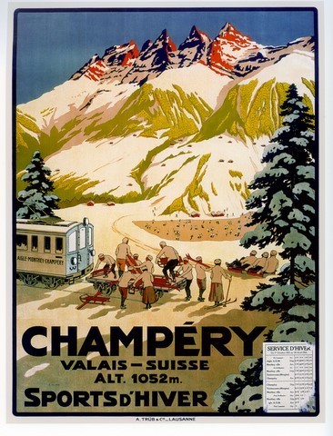 reproduction affiche ancienne champery suisse ski